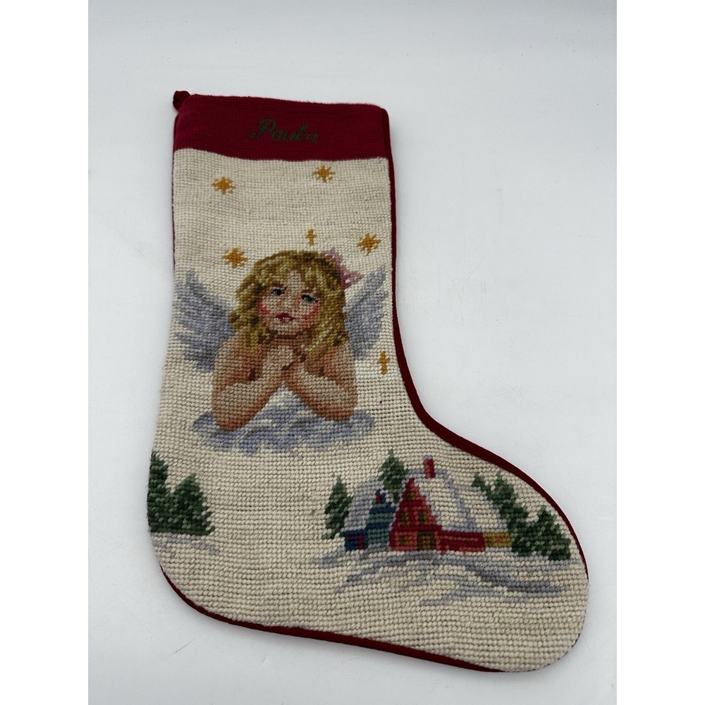 Needlepoint Wool Christmas Stocking Customized Paula 16" Angel Snow Vintage
